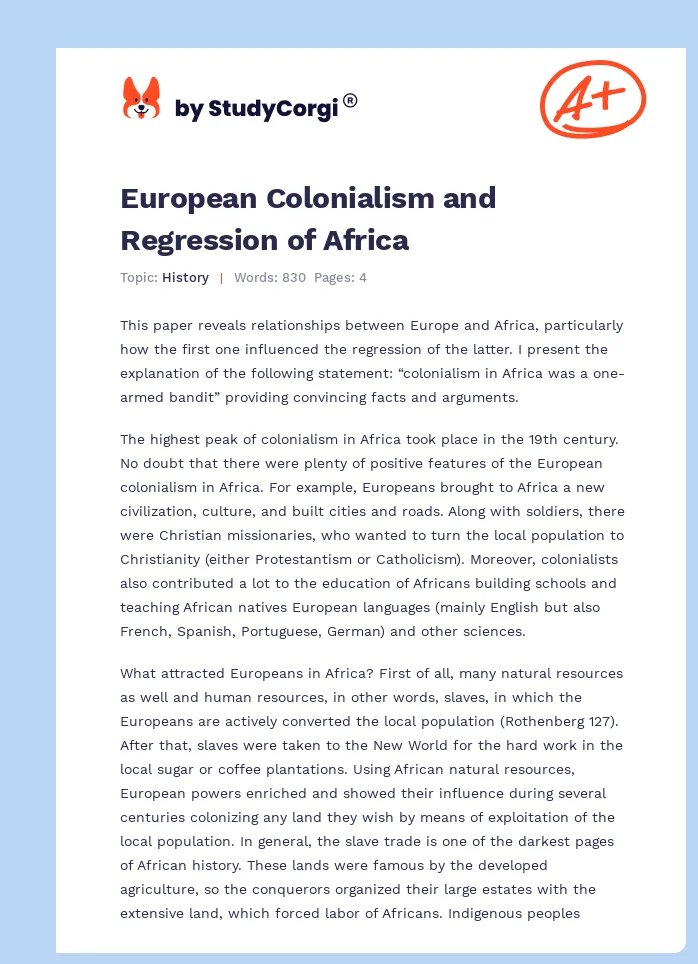 European Colonialism and Regression of Africa. Page 1
