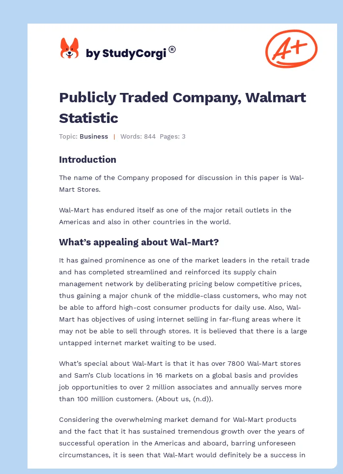 Publicly Traded Company, Walmart Statistic. Page 1