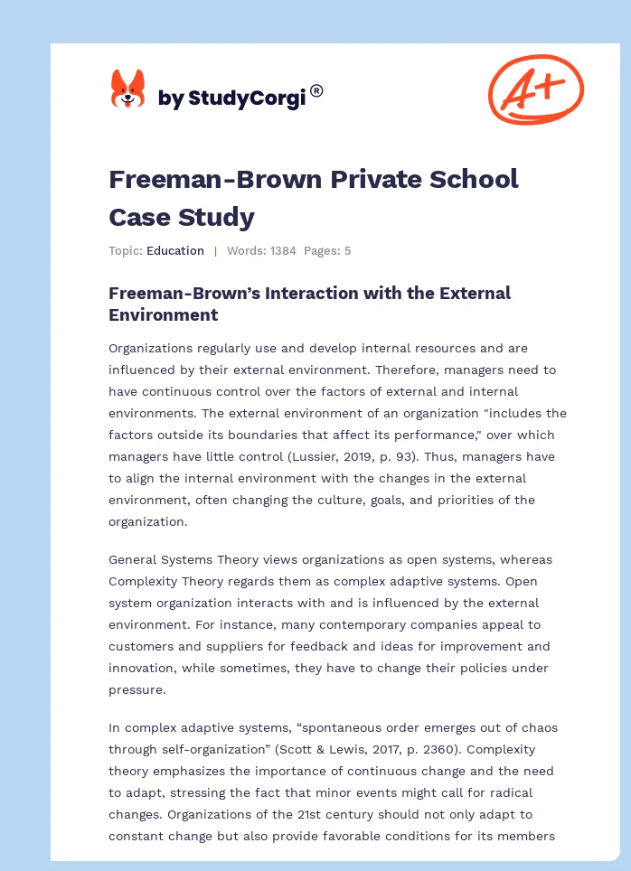 Freeman-Brown Private School Case Study. Page 1