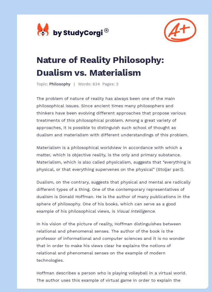 Nature of Reality Philosophy: Dualism vs. Materialism. Page 1