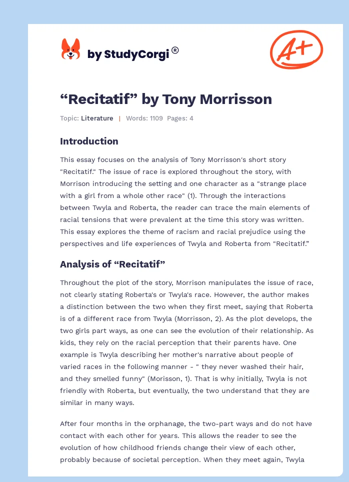 “Recitatif” by Tony Morrisson. Page 1