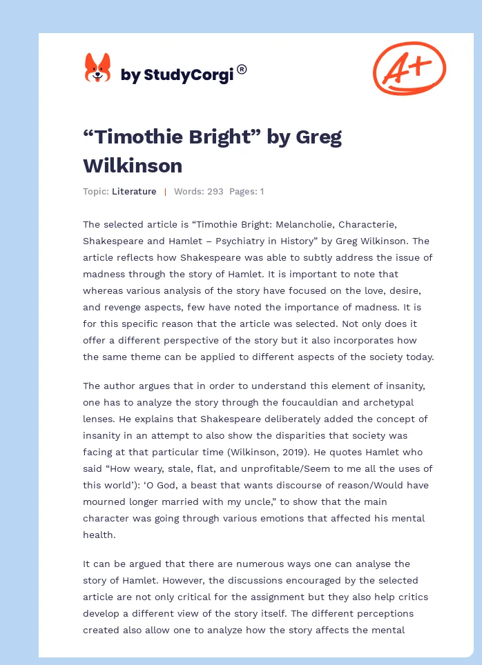 “Timothie Bright” by Greg Wilkinson. Page 1