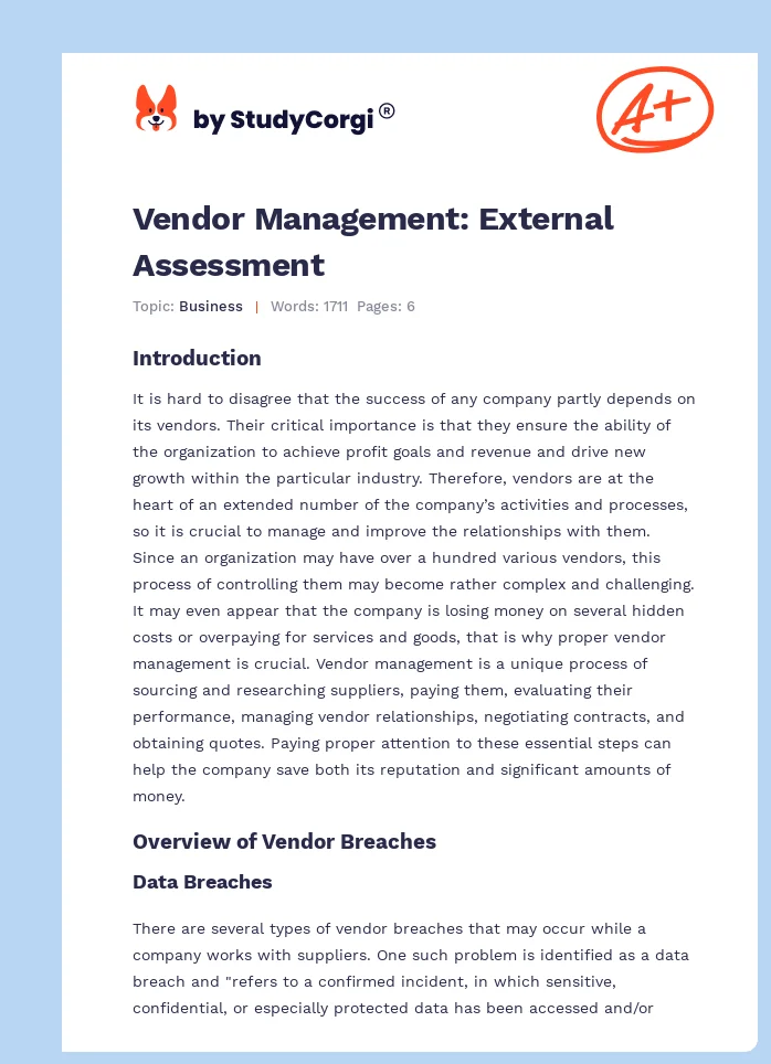 Vendor Management: External Assessment. Page 1