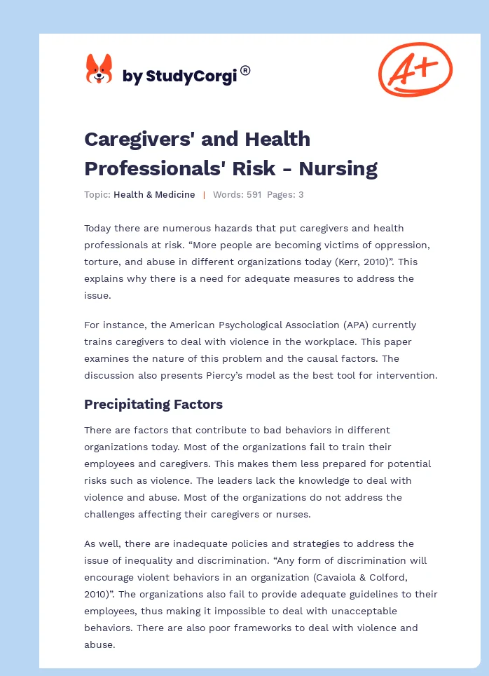 Caregivers' and Health Professionals' Risk - Nursing. Page 1