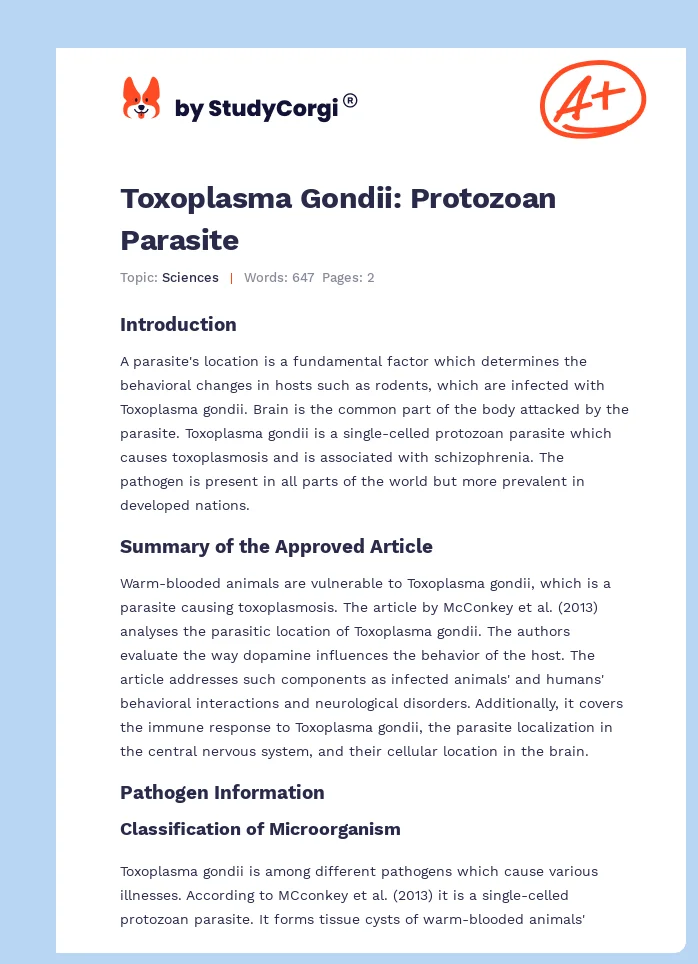 Toxoplasma Gondii: Protozoan Parasite. Page 1