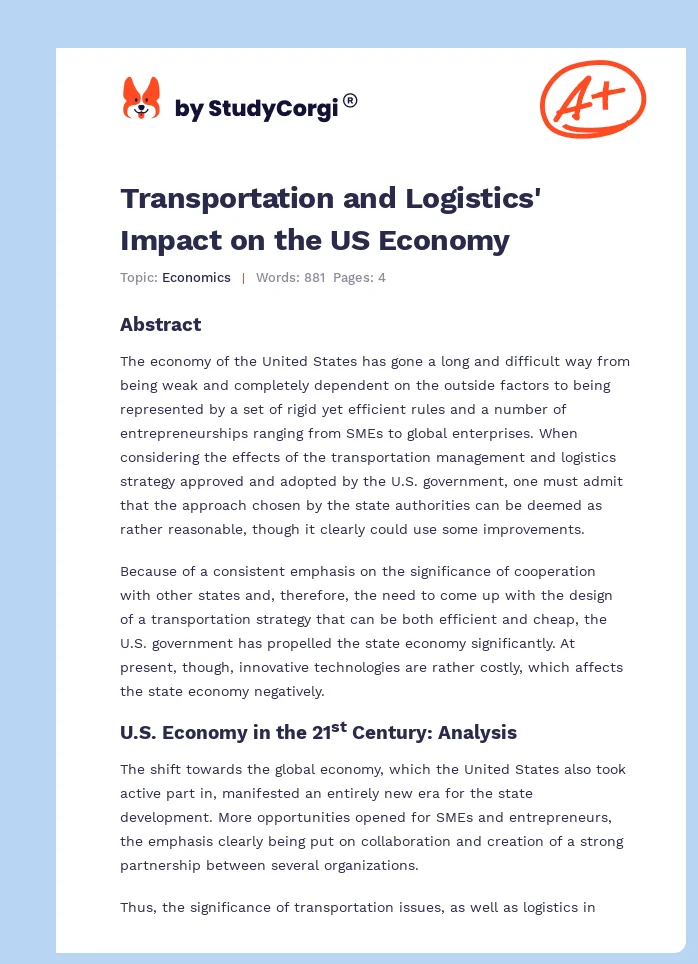 Transportation and Logistics' Impact on the US Economy. Page 1