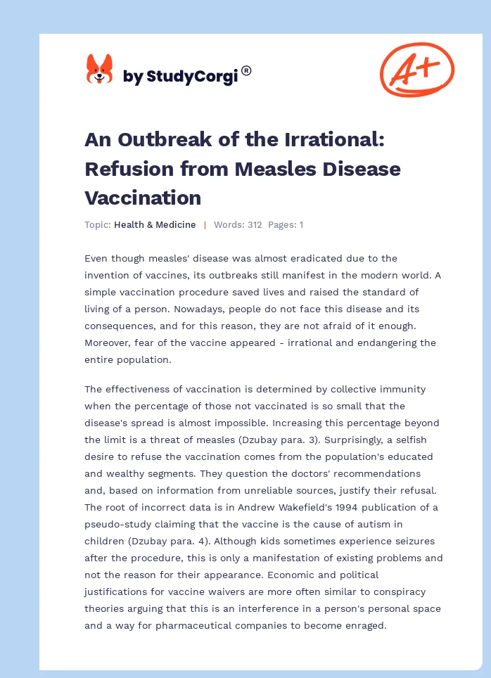 An Outbreak of the Irrational: Refusion from Measles Disease Vaccination. Page 1