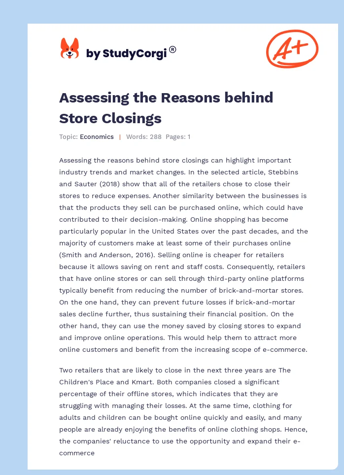 Assessing the Reasons behind Store Closings. Page 1