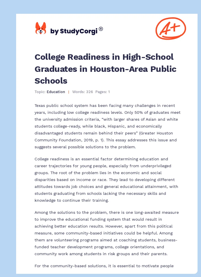 College Readiness in High-School Graduates in Houston-Area Public Schools. Page 1