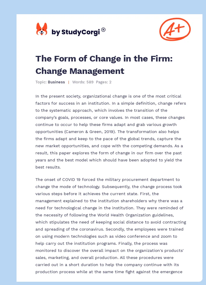 The Form of Change in the Firm: Change Management. Page 1