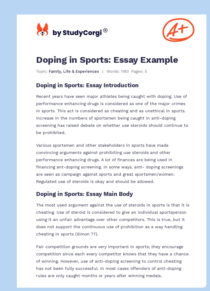 Doping in Sports: Essay Example. Page 1