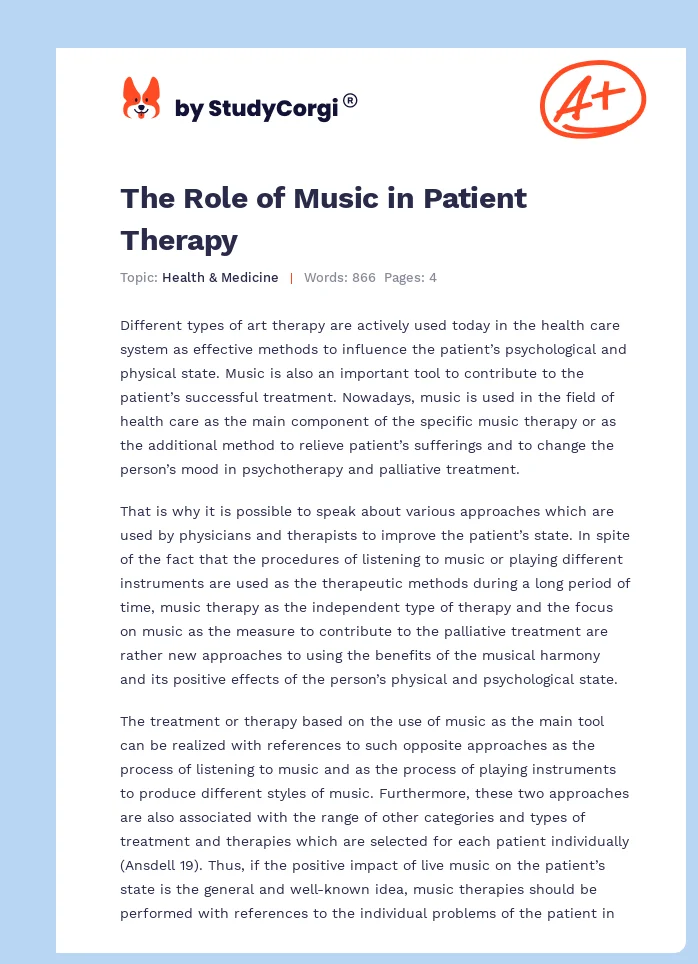 The Role of Music in Patient Therapy. Page 1