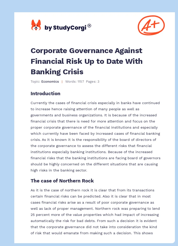 Corporate Governance Against Financial Risk Up to Date With Banking Crisis. Page 1