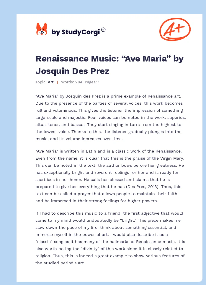 Renaissance Music: “Ave Maria” by Josquin Des Prez. Page 1