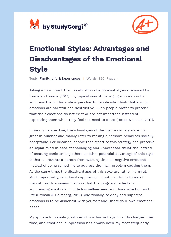 Emotional Styles: Advantages and Disadvantages of the Emotional Style. Page 1