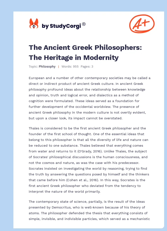 The Ancient Greek Philosophers: The Heritage in Modernity. Page 1