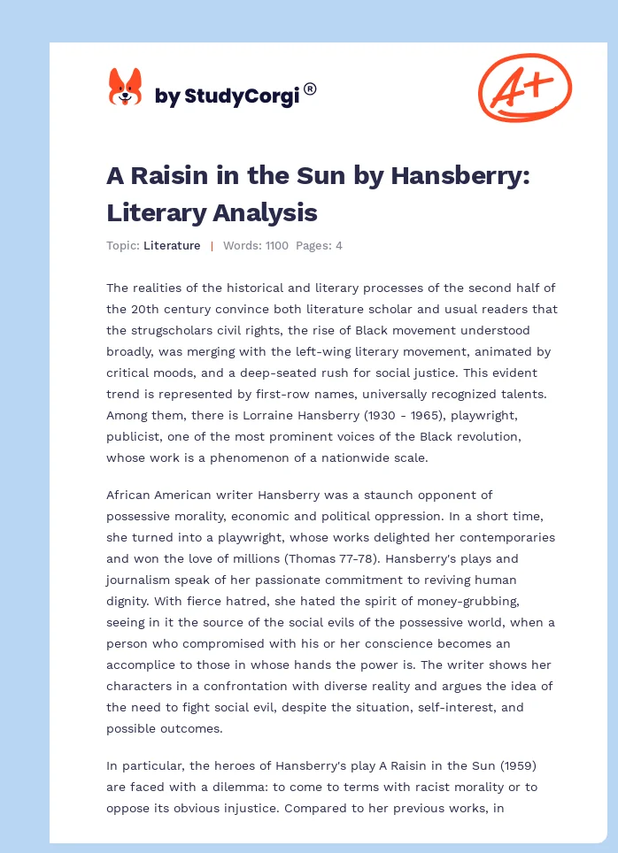 A Raisin in the Sun by Hansberry: Literary Analysis. Page 1