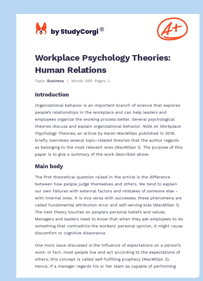 Workplace Psychology Theories: Human Relations. Page 1