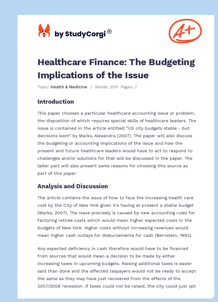 Healthcare Finance: The Budgeting Implications of the Issue. Page 1