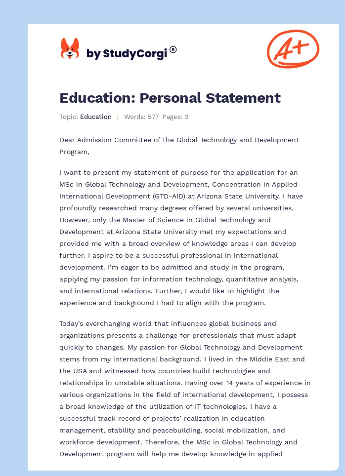 Education: Personal Statement. Page 1