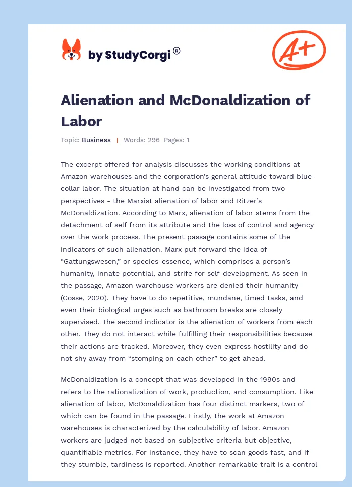 Alienation and McDonaldization of Labor. Page 1