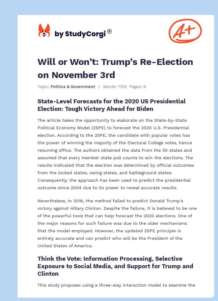 Will or Won’t: Trump’s Re-Election on November 3rd. Page 1