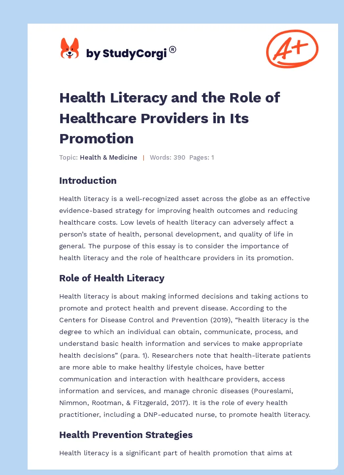 Health Literacy and the Role of Healthcare Providers in Its Promotion. Page 1