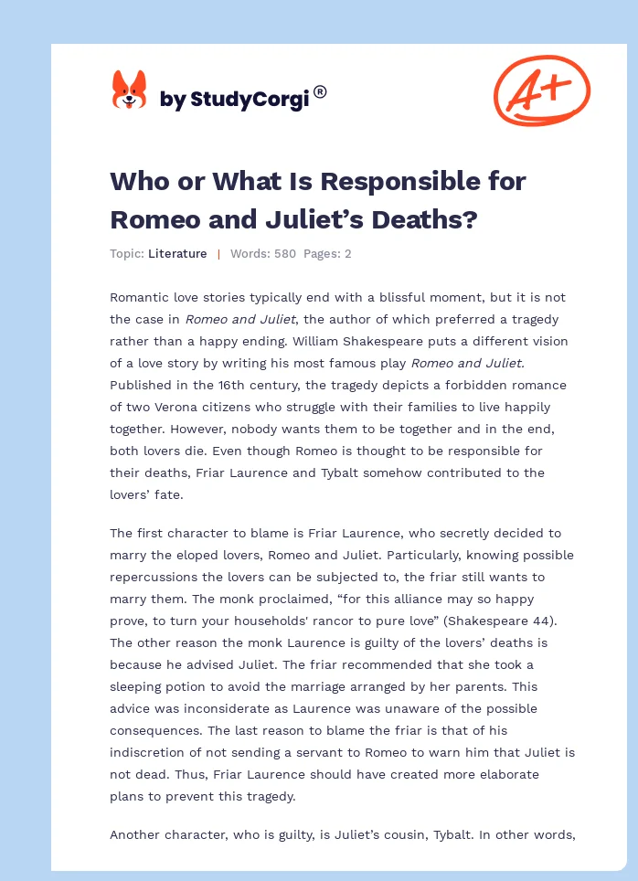 Who or What Is Responsible for Romeo and Juliet’s Deaths?. Page 1
