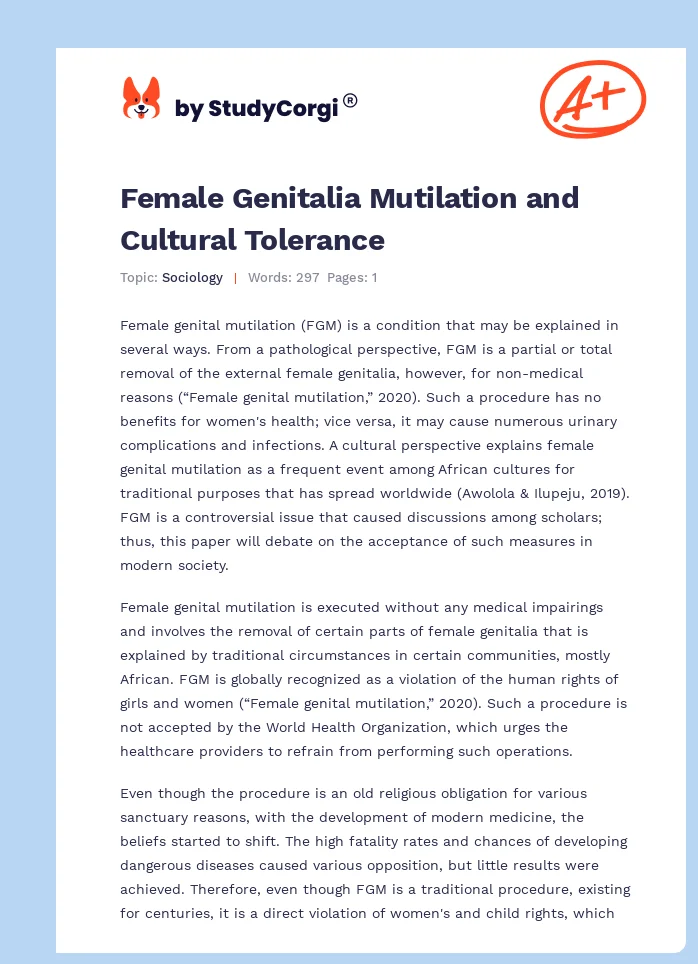 Female Genitalia Mutilation and Cultural Tolerance. Page 1