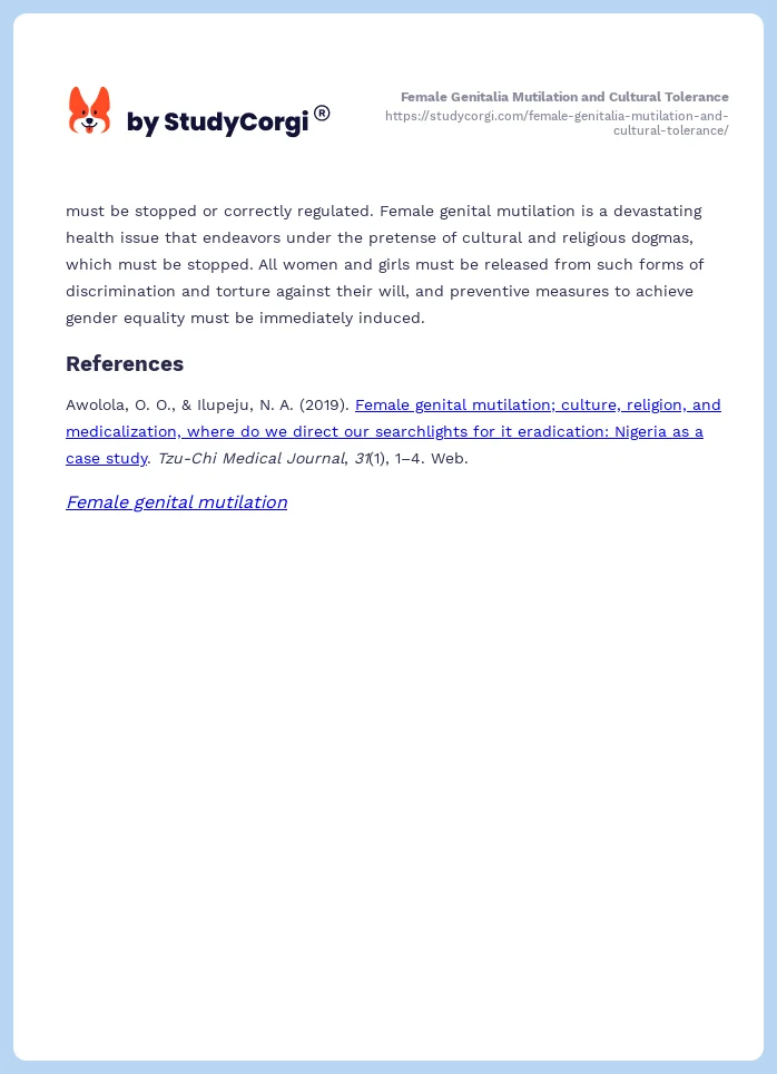 Female Genitalia Mutilation and Cultural Tolerance. Page 2
