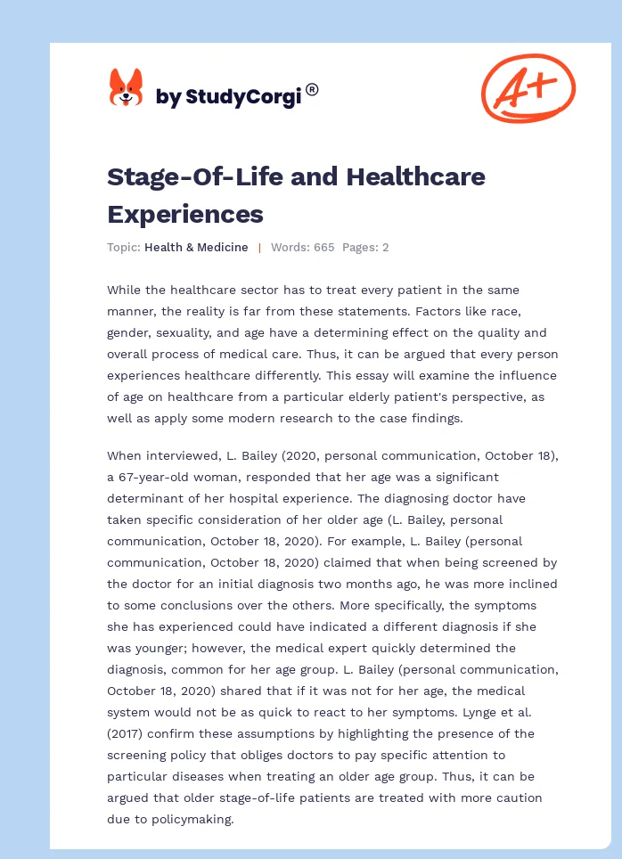 Stage-Of-Life and Healthcare Experiences. Page 1