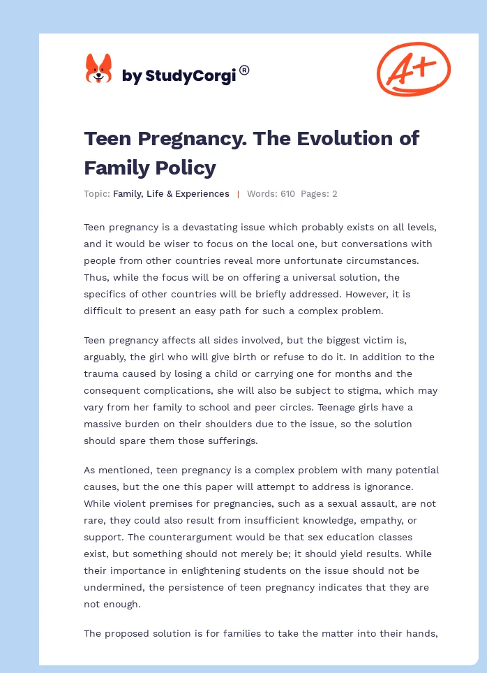 Teen Pregnancy. The Evolution of Family Policy. Page 1