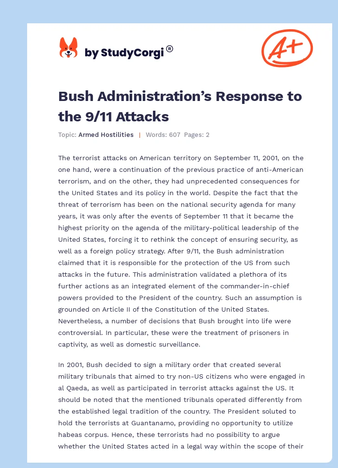 Bush Administration’s Response to the 9/11 Attacks. Page 1