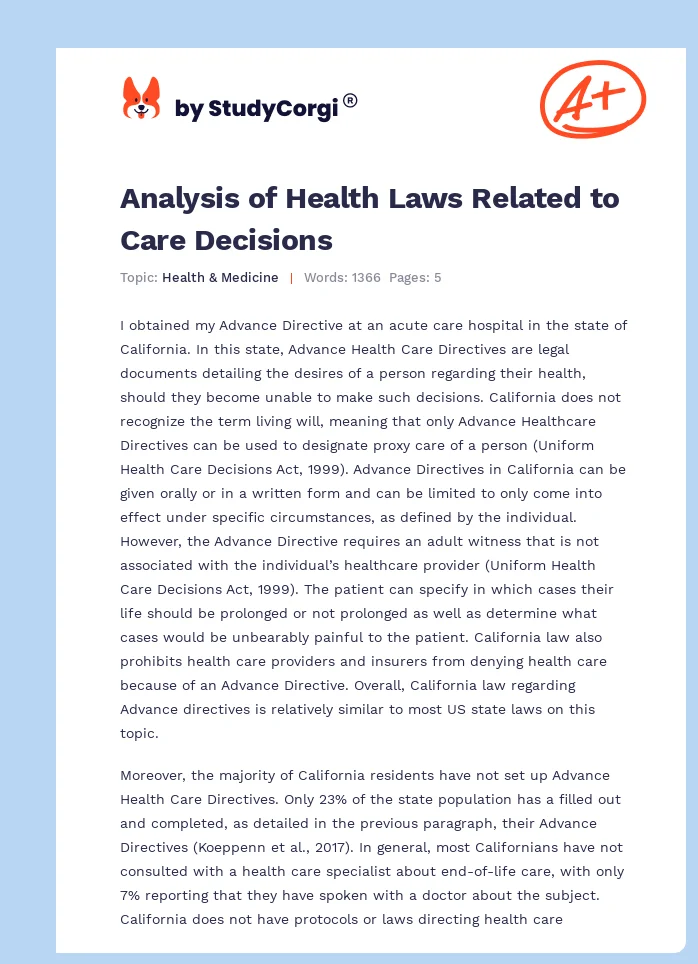 Analysis of Health Laws Related to Care Decisions. Page 1