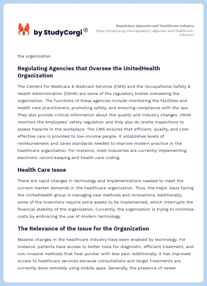 Regulatory Agencies and Healthcare Industry. Page 2