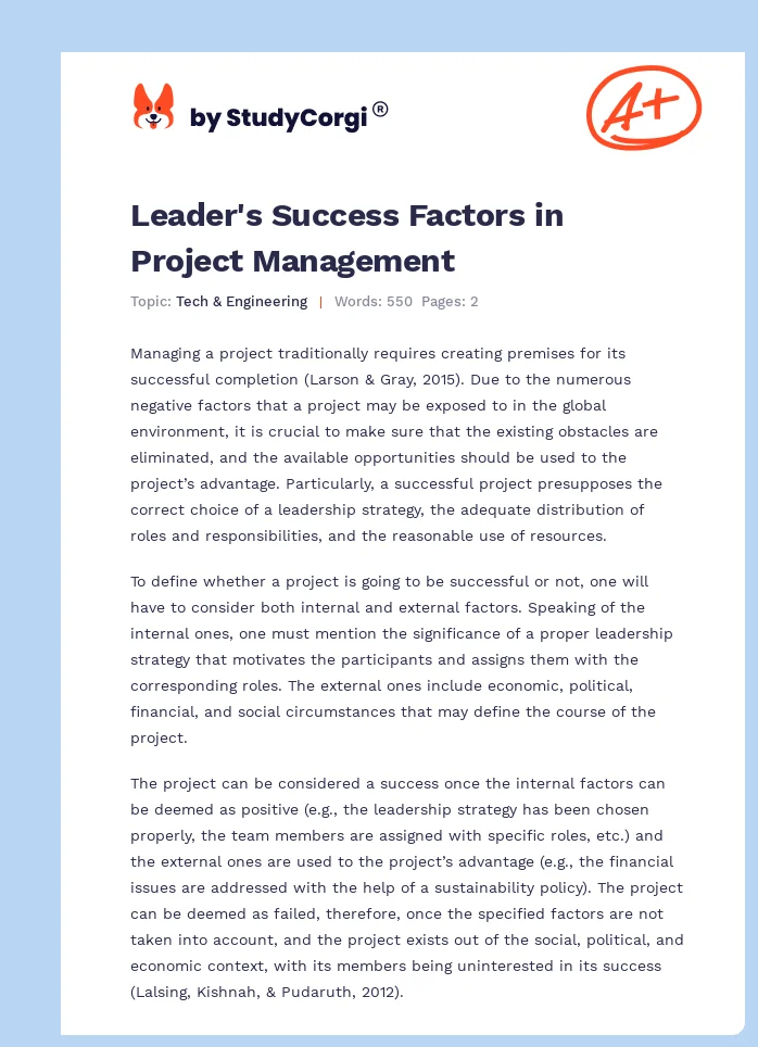 Leader's Success Factors in Project Management. Page 1