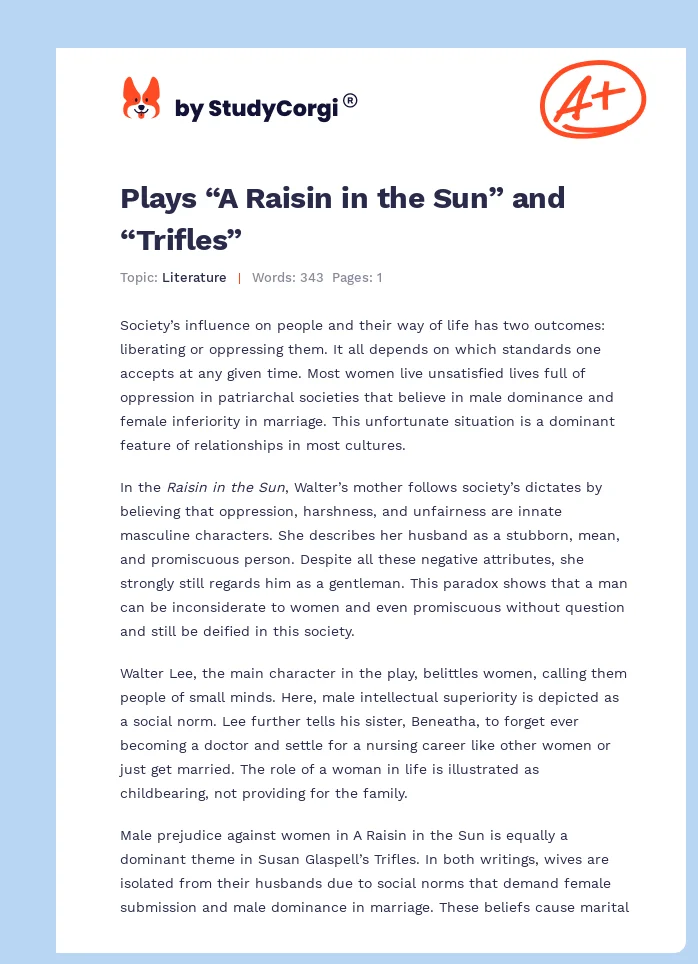 Plays “A Raisin in the Sun” and “Trifles”. Page 1