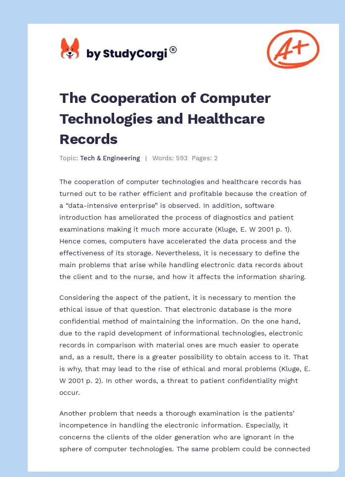 The Cooperation of Computer Technologies and Healthcare Records. Page 1
