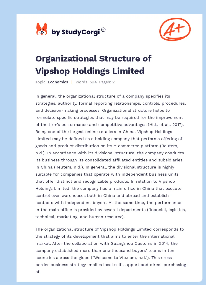 Organizational Structure of Vipshop Holdings Limited. Page 1