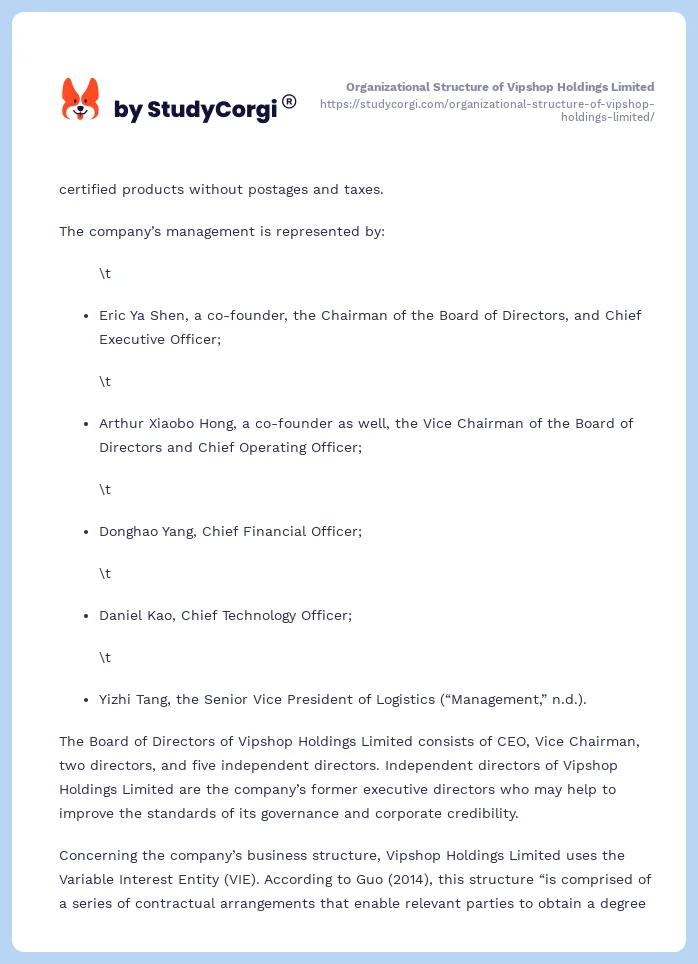 Organizational Structure of Vipshop Holdings Limited. Page 2