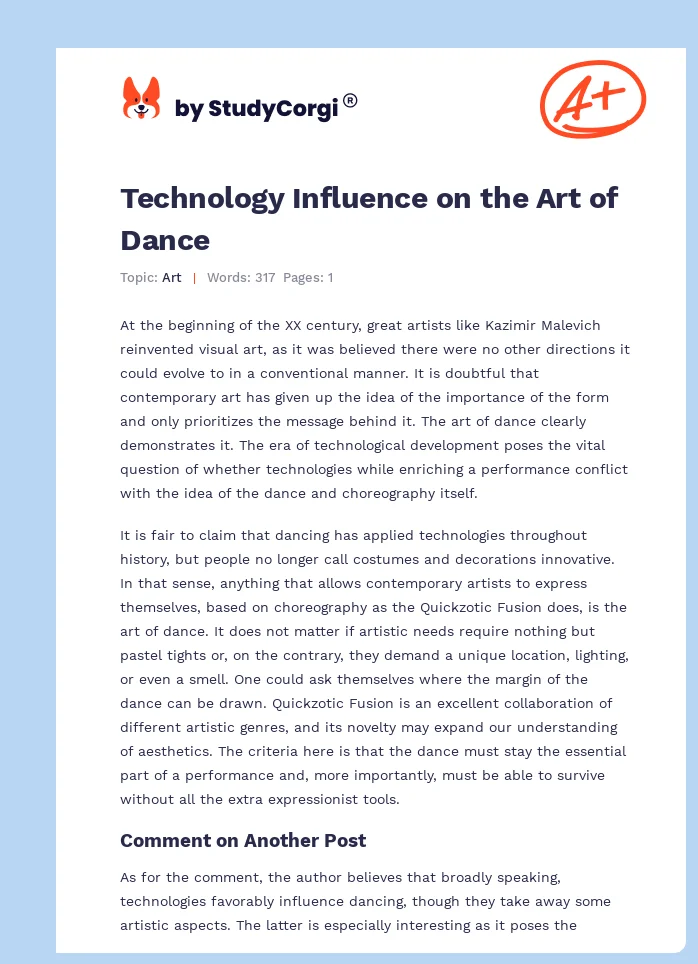 Technology Influence on the Art of Dance. Page 1
