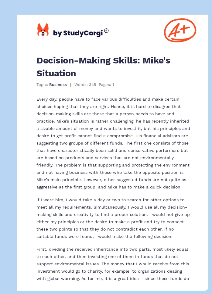 Decision-Making Skills: Mike's Situation. Page 1