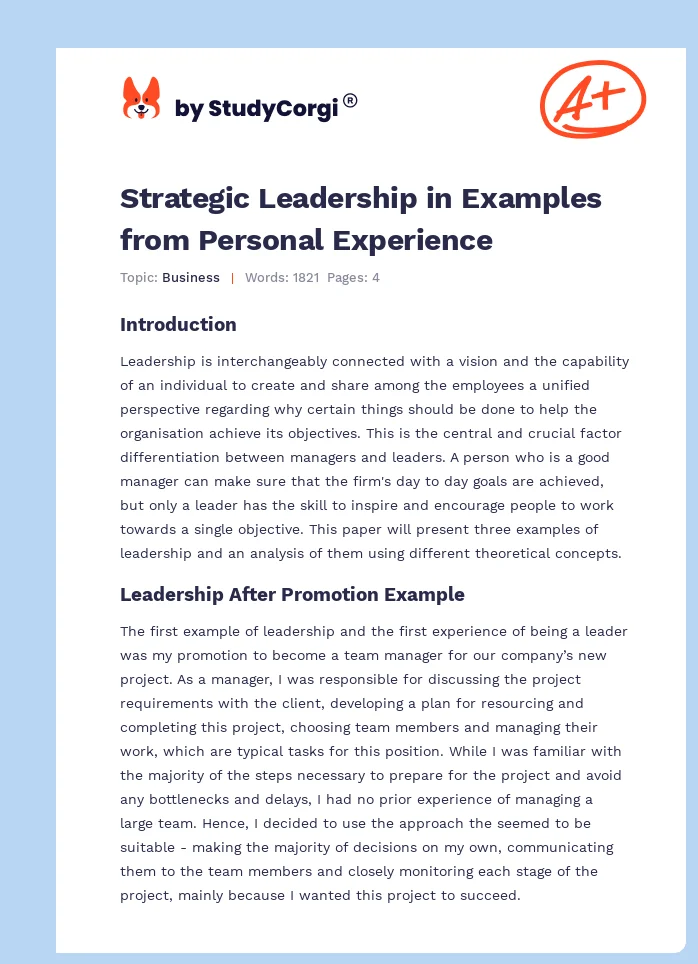 Strategic Leadership in Examples from Personal Experience. Page 1