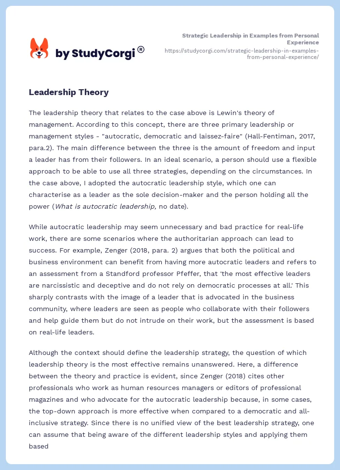 Strategic Leadership in Examples from Personal Experience. Page 2