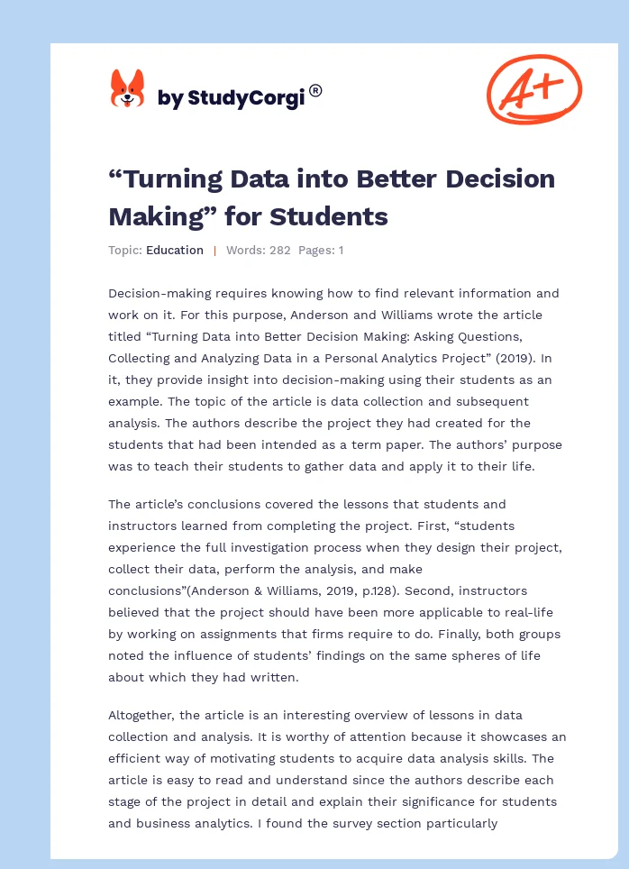 “Turning Data into Better Decision Making” for Students. Page 1
