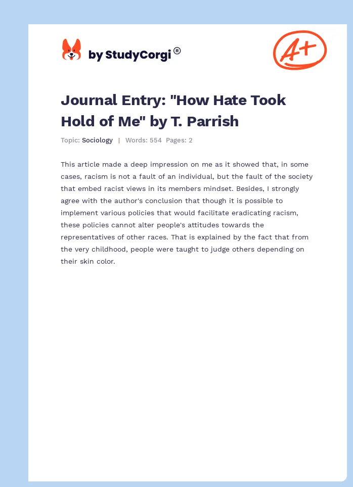 Journal Entry: "How Hate Took Hold of Me" by T. Parrish. Page 1