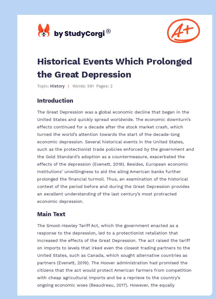 Historical Events Which Prolonged the Great Depression. Page 1