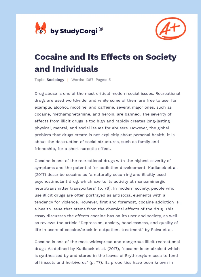 Cocaine and Its Effects on Society and Individuals. Page 1