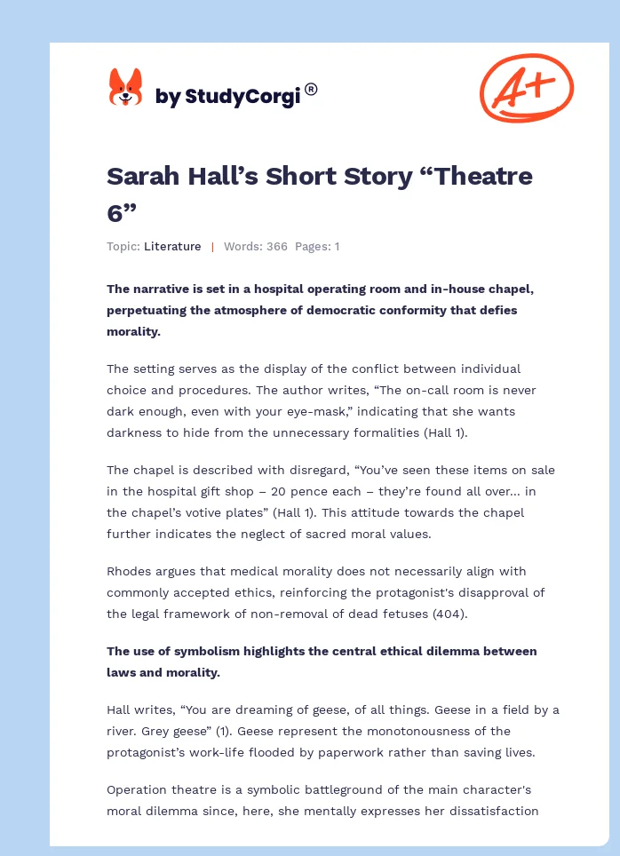 Sarah Hall’s Short Story “Theatre 6”. Page 1