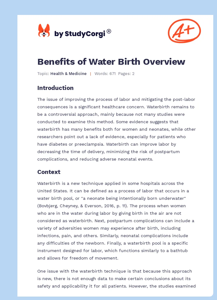 Benefits of Water Birth Overview. Page 1